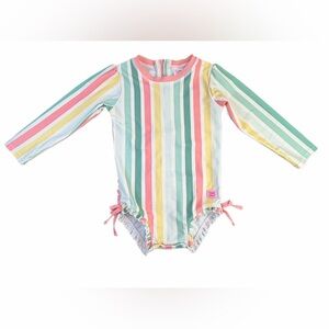 RUFFLE BUTTS Girls Rainbow Stripe Long Sleeve Rash Guard One Piece Swimsuit - 3T